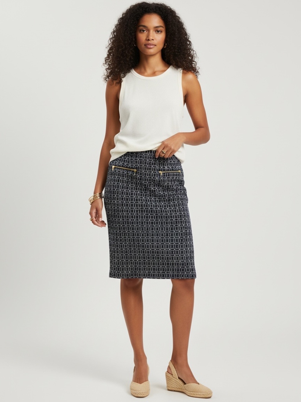 Talbots Ponte Knit A-line Skirt 2 Blue Geometric Preppy Classic Nautical Office